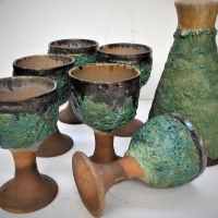 Set of Australian Pottery - 6x Robert Beck goblets & decanter with green lava glaze, signed to base - Sold for $43 - 2018