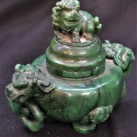 Chinese green stone twin dog handled lidded pot - Sold for $137 - 2018