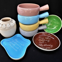 Group lot - Post war Australian Pottery - set 4 Diana Ramekins, Rather salt glazed Vase, Harry Memmott Motto dishes, etc - Sold for $25 - 2018