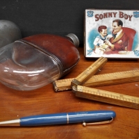 Small lot - Vintage Blokey gear - 2 x Wooden Folding Rules incl RABONE, Pewter & Leather covered Hip Flask, Fyne Poynt Propelling Pencil, etc - Sold for $50 - 2018