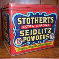 Vintage c1900 English STOTHERTS Extra Strong SEIDLITZ POWDERS Tin - Fab Cond W Colourful advertising to sides, etc - hole to top so can be repurposed  - Sold for $25 - 2018