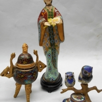 3 x Pces - oriental Cloisonn - Figure of a Girl holding Flowers, Owls perched on a Tree & Covered Urn - Sold for $62 - 2018