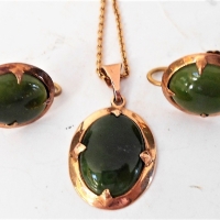 9ct rose gold pendant on chair & matching earrings set with green Jadeite - Sold for $62 - 2018