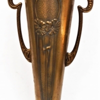 English Beldray Art Nouveau trumpet vase with raised whiplash floral decoration & twin handles - approx - Sold for $43 - 2018