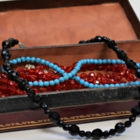 Florentine leather box with jewellery incl Vintage red crystal necklace, jet, turquoise, pair diamante dress clips, bracelet, brooch etc - Sold for $56 - 2018