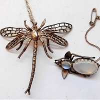 Group lot - Silver filigree dragon fly pendant on silver chain & insect brooch set with Moonstones - Sold for $27 - 2018