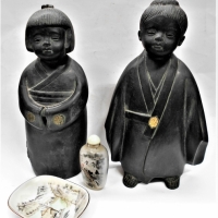 Group lot oriental items incl pair heavy figures, small hand painted scent bottle, etc - Sold for $25 - 2018