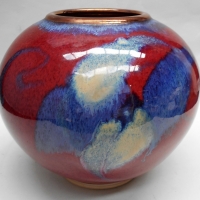 Large JOHN EAGLE Modern Australian Pottery Vase - Lovely Red & Blue coloured glazes, gilded top rim, signed to base - 16cm H - Sold for $31 - 2018