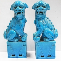 Pair - Oriental Blue Glazed TEMPLE DOGLION Figures - unmarked - 26cm H each - Sold for $25 - 2018