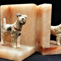 Pair of vintage alabaster bookends featuring cold painted spelter Scotty dogs - Sold for $56 - 2018