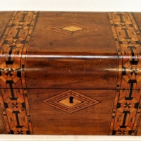Victorian walnut veneered sewing box with parquetry bands & central diamond cartouche - Sold for $99 - 2018