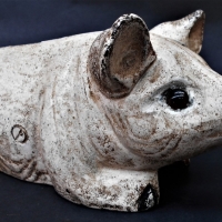 C1900 Cast Iron pig money box saving bank with glass eyes - Sold for $56 - 2018