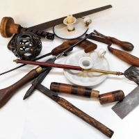 Group of tools and quirky items including Spring can opener, Cast iron string dispenser, trowl, square etc - Sold for $75 - 2018