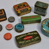 Group of vintage chemist tins including Lions for the throat, Licorice and Menthol Souchets, Mulford mints, Nail polish and nail whitener etc - Sold for $112 - 2018