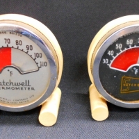 2 x Vintage Satchwell advertising thermometers - Sold for $50 - 2018