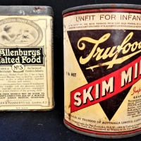 2 x Vintage c1930's Australian Tins w Paper Labels - ALLENBURYS MALTED FOOD & TRUFOOD SKIM MILK - both in Fab Cond Allenburys malted food still UNOPEN - Sold for $25 - 2018