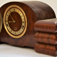 Art Deco Walnut veneered English mantle clock with 4 chimes - Sold for $75 - 2018