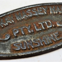 Cast iron name plate for H V McKay Massey Harris Sunshine - Sold for $37 - 2018