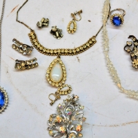 Small box lot vintage jewellery - Rhinestone brooches, earrings, necklace with earrings, crystal beads etc - Sold for $25 - 2018