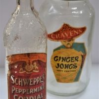 2 x Items C1900 Schweppes peppermint cordial bottle with original label & Craven Ginger Jongs jar with label - Sold for $43 - 2018