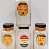 4 x Large Bensons sweets Dispenser bottles with Bakelite lids Chocolate clairs, Menthol & Eucalyptus, Coffee clairs & Chocolate clairs with earlier la - Sold for $174 - 2018