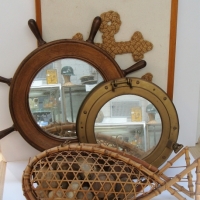 4 x Nautical items Ships wheel, Mirror, Brass porthole mirror, cane fish full of sea urchins & formed rope anchor - Sold for $56 - 2018