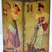 C1900 tin with European Girls wearing national flags with national dog - Sold for $25 - 2018