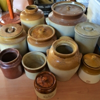 Large group lot vintage Bendigo Pottery & others incl bread crocks, tobacco jars, canisters, etc - Sold for $31 - 2018