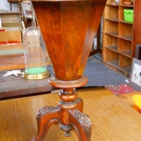 Victorian Sewing table with octagonal veneered burl walnut top & tripod footed base - Sold for $199 - 2018