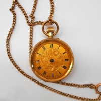 c1890 14ct rose gold ladies pocket watch (af) on gold curb link chain - Sold for $87 - 2018