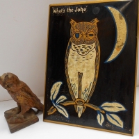 2 Owl items Padded foil print What's the joke and cast metal Owl reading book - Sold for $37 - 2018