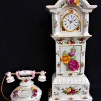 2 x pieces vintage Royal Albert china 'Country Rose' incl c1962 musical telephone and tall (approx 40cm)  grandfather clock - Sold for $124 - 2018