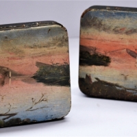 2x  tobacco tins with hand painted landscape and shipping scenes - Sold for $27 - 2018