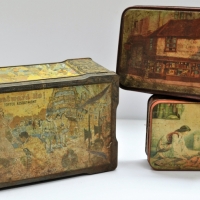 3 x Australian Biscuit and sweets tins including Pascal's Westward Ho , Sweetacres The Carpet trader and Griffiths sweets The old curiosity shop - Sold for $25 - 2018