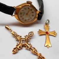 3 x items - ladies 9ct gold cased Majex cocktail watch & 2 x cross pendants, one marked 9ct gold - Sold for $37 - 2018