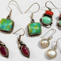 4 x pair silver earrings, incl Drop pearl , Turquoise, coral, jasper etc - Sold for $37 - 2018