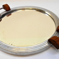 ART DECO Drinks Tray - Round, Mirrored top, aluminum surround, shaped wooden handles - Sold for $31 - 2018
