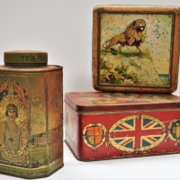 Group of tins including Bushells opening of parliament  (poor condition) WW1 commanders biscuit tin and WW1 Allies tin with lion on the lid - Sold for $31 - 2018
