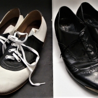 2 x Pairs - Vintage Men's Leather DRESS SHOES - Fab Rockabilly Black & white Cruisin Australia SPATS & Windsor Smith Winkle Pickers w Metal Capped toe - Sold for $37 - 2018