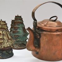 2 x items c1900  Copper kettle and Pair of coppered brass Tall ships - Sold for $43 - 2018