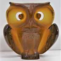 Amber Czech glass owl with original sticker and engraved signature - Sold for $75 - 2018