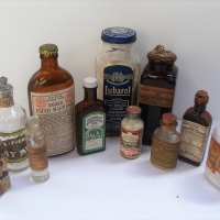 Group of Labeled pharmacy bottles incl Sloans Liniment, Kruses Fluid Magnesium etc - Sold for $50 - 2018
