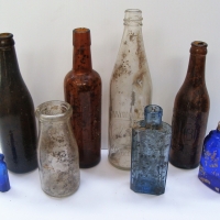 Group of vintage bottles incl blue glass, Ballins Breweries New Zealand, Hall Wine tonic etc - Sold for $27 - 2018