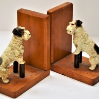 Pair of vintage timber bookends with metal dog figurines - Sold for $25 - 2018