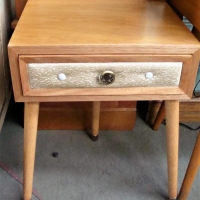Retro 1960's 3 Legged BEDSIDE Table - Blondewood, padded Vinyl front to drawer, splayed gold capped feet - Sold for $43 - 2018