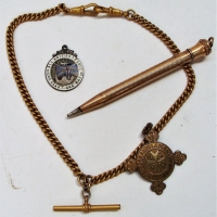 Small lot - Rolled Gold & Sterling Silver - Fob Chain, Propelling Pencil, St Johns Ambulance & All British League Pendants - Sold for $62 - 2018