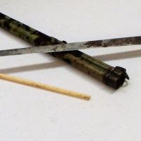 Vintage c1930's Japanese EATING Set - Small sword like scabbard w Pair Bone Chopsticks, long Knife & Tooth pick to top - Lovely GreenBrown mottled - Sold for $112 - 2018