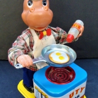 Vintage Japanese Batt Op Tin Toy - CUTY COOK (Hippo Chef) - made by Yone - complete - Sold for $75 - 2018