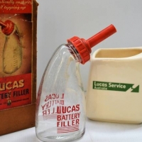 2 items  - Vintage Lucas Batteries water jug and boxed glass Lucas battery filler - Sold for $56 - 2018