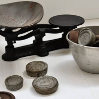 C1900 Cast iron kitchen scales and weights - Sold for $43 - 2018